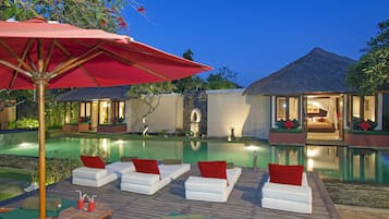 Outdoor pool, pool umbrellas, pool loungers