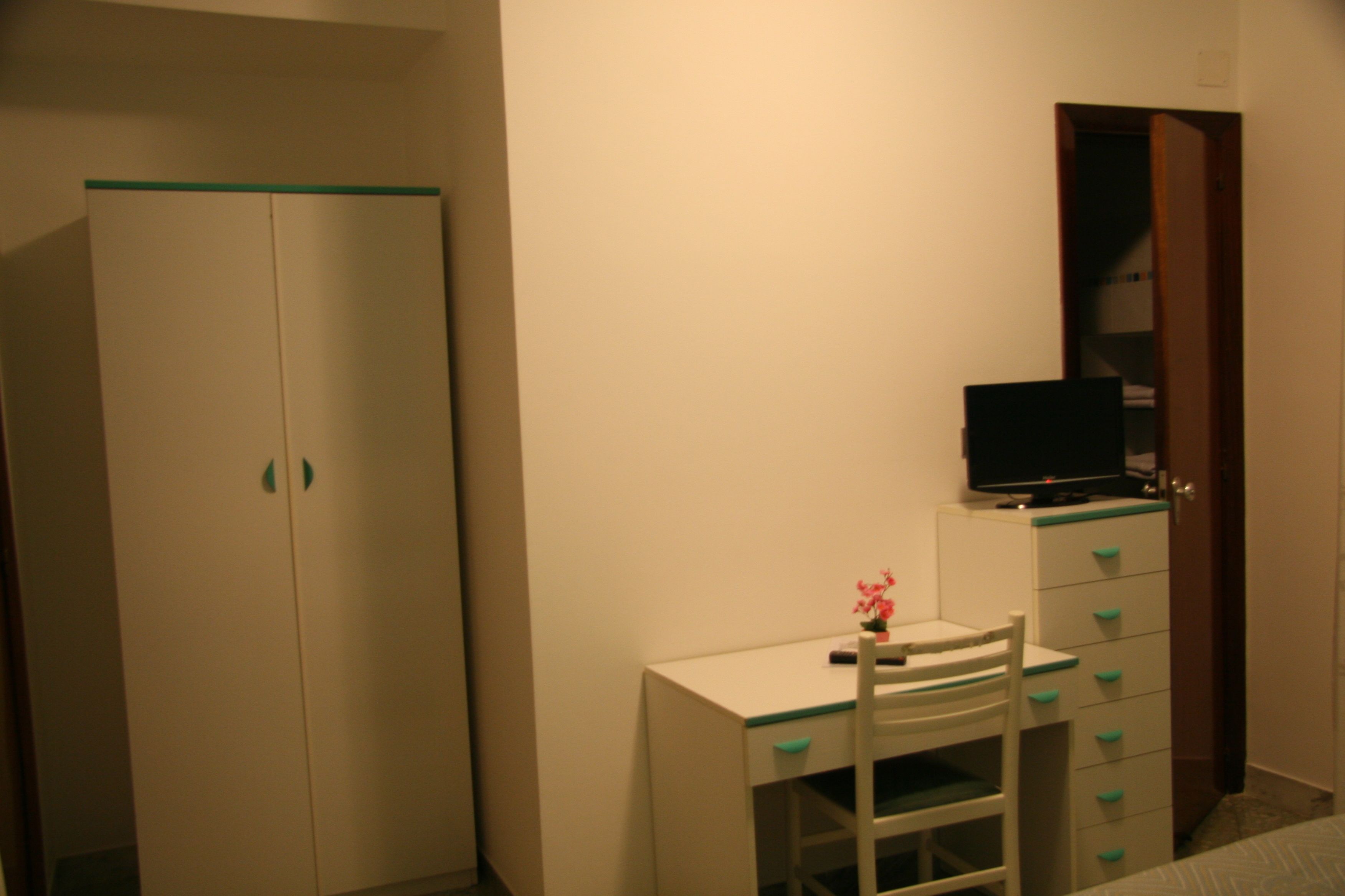 Un dormitorio con cama, escritorio con silla, armario y televisor.