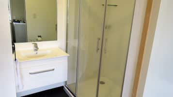 Une salle de bain avec un lavabo blanc, un miroir et une cabine de douche en verre.