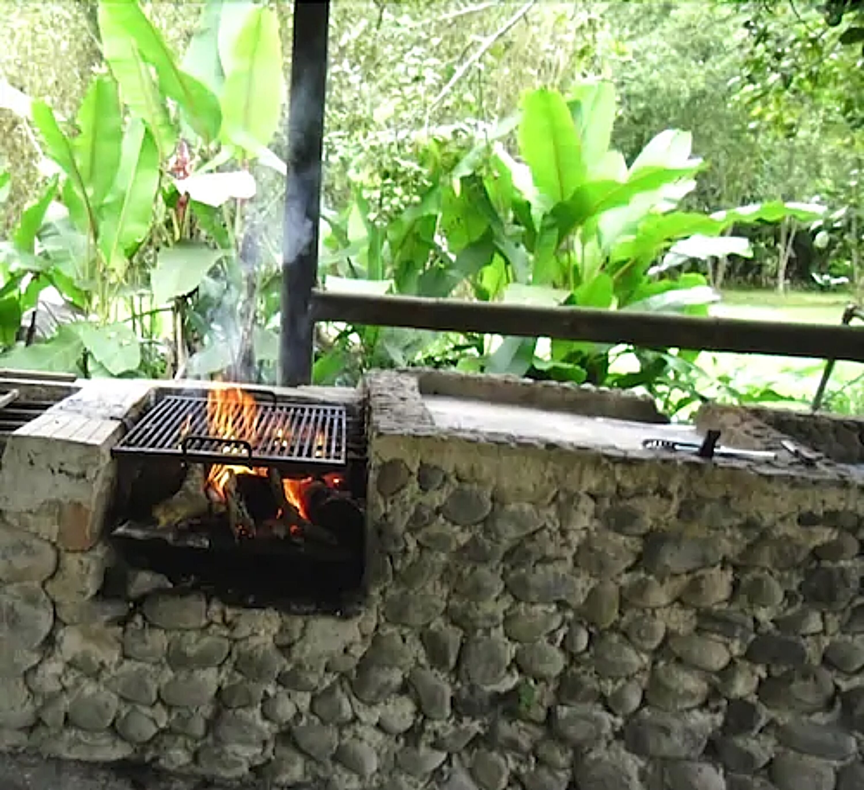 An outdoor grill with a stone wall backdrop, surrounded by lush greenery.