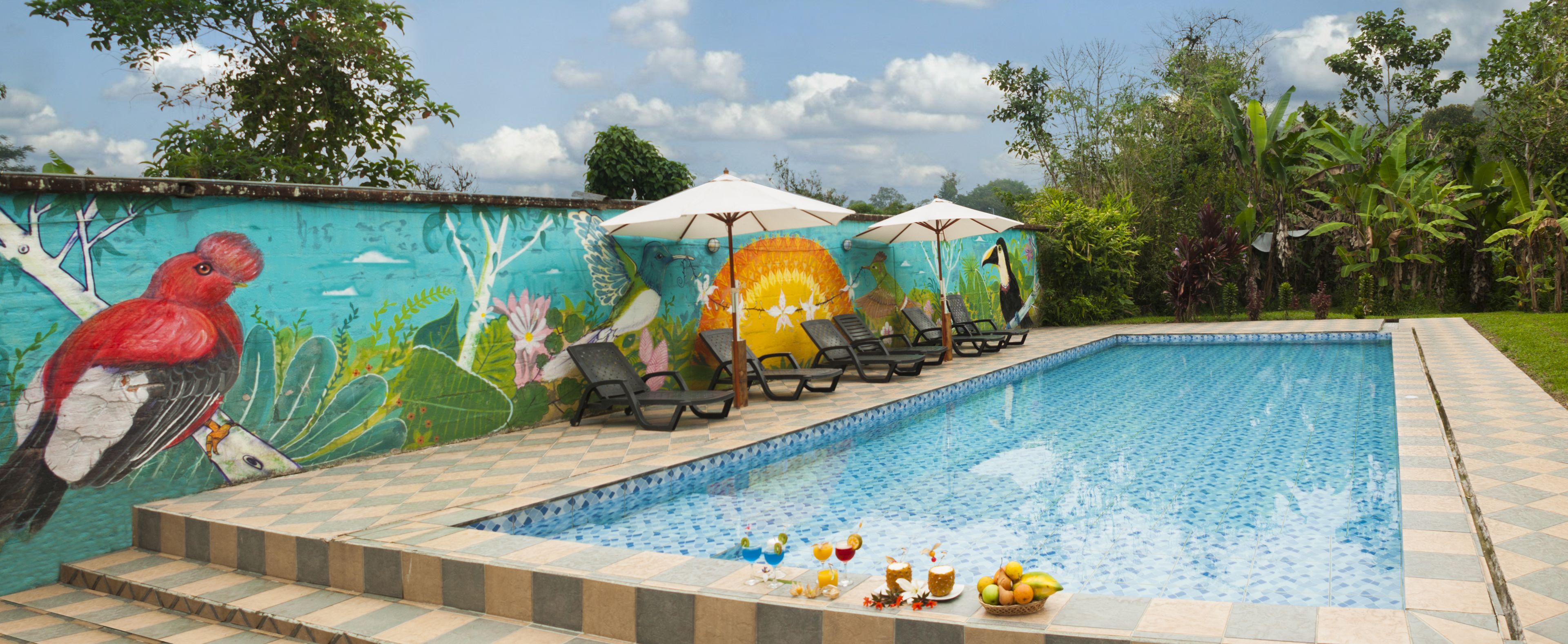 Una piscina al aire libre, sillones reclinables de piscina