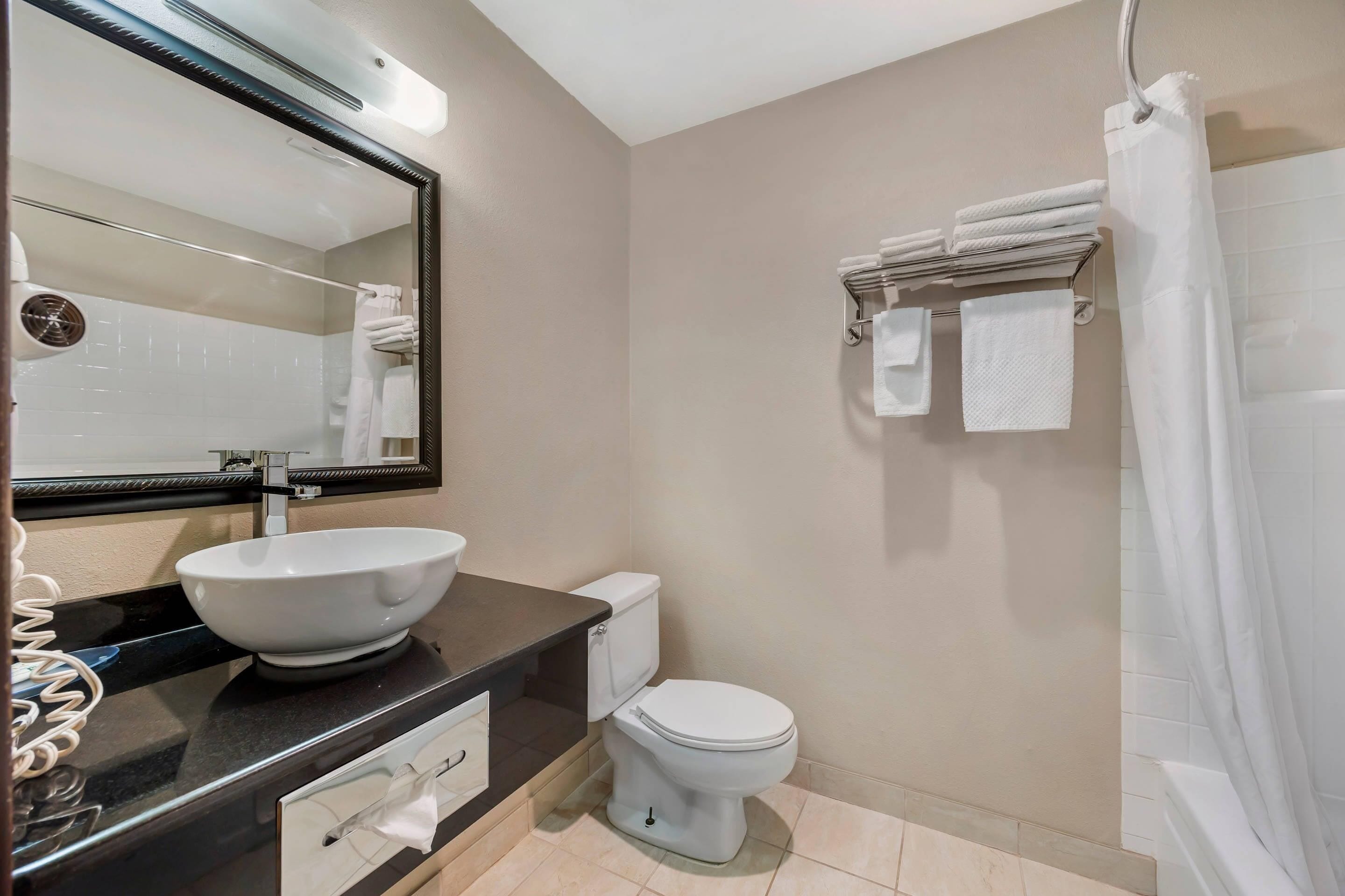 A modern bathroom with a large mirror, a white sink, a toilet, and a shower area.