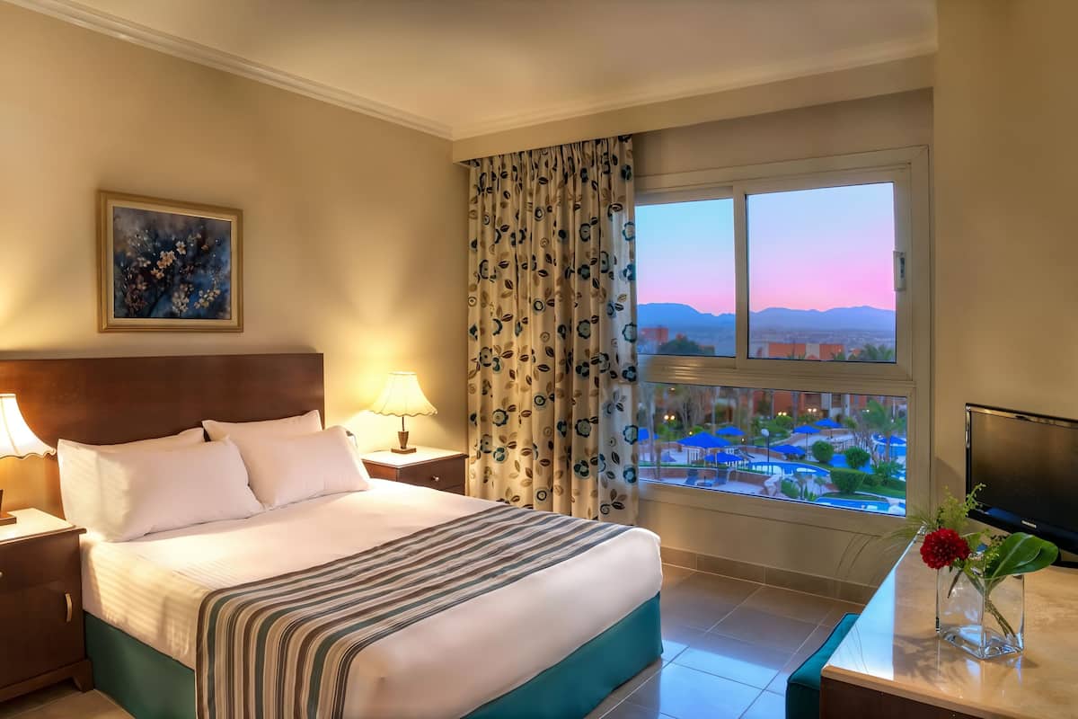 A hotel room with a large bed, a nightstand, a TV, a desk with a vase, and a window with a view of a cityscape.