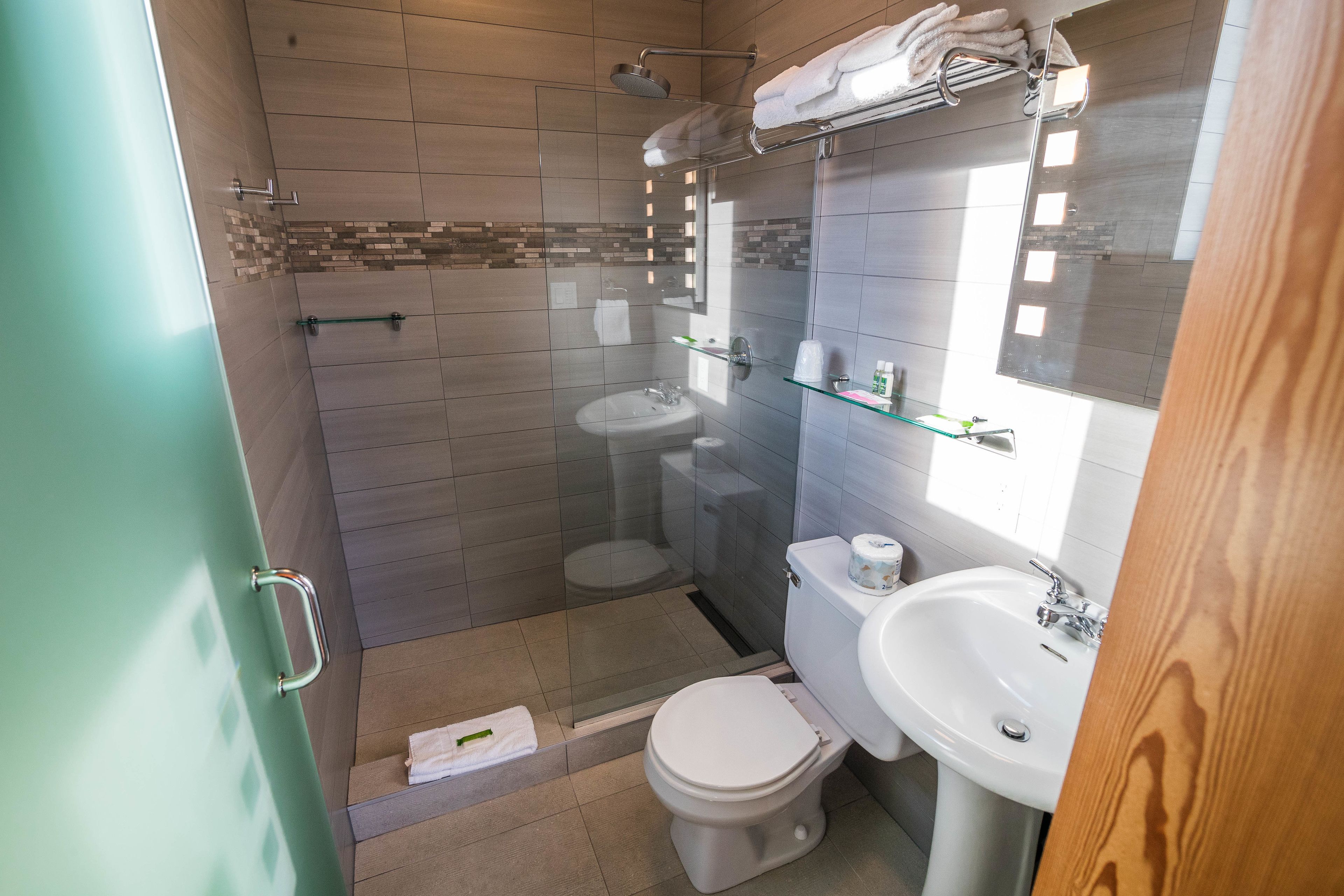 Une salle de bain moderne avec une douche à parois de verre, des toilettes et un lavabo.
