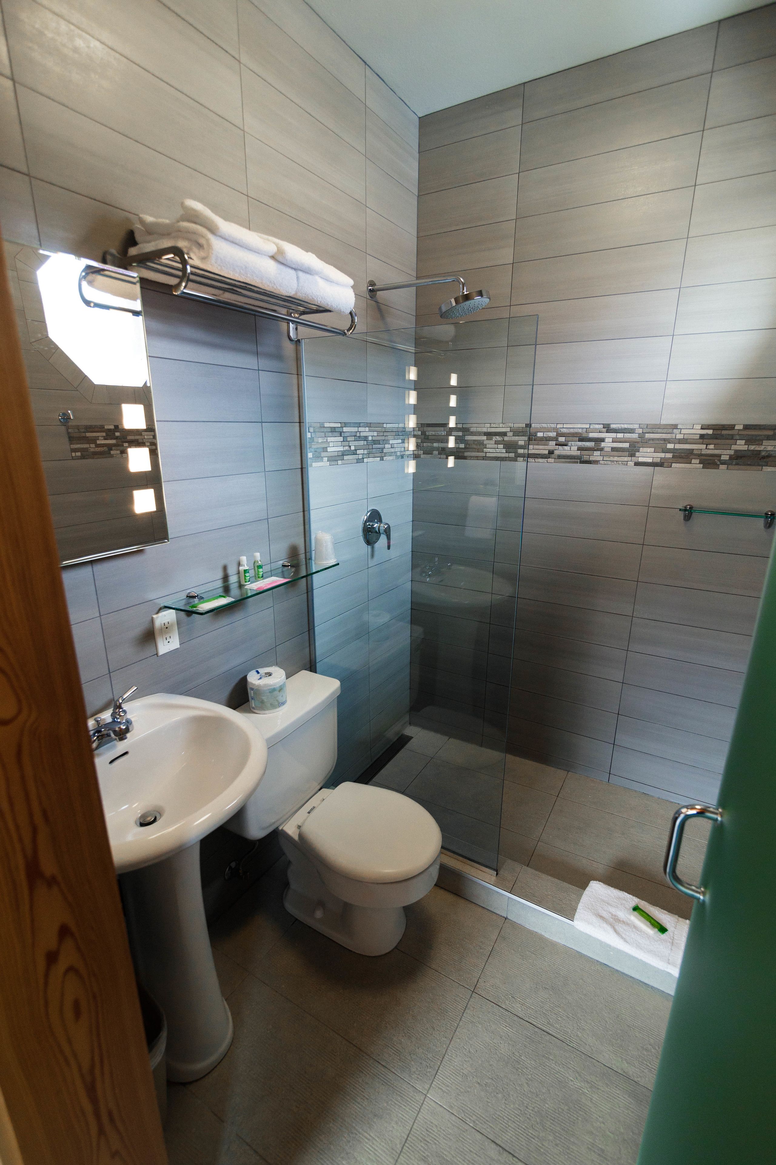 A modern bathroom with a glass shower enclosure, a sink, toilet, and a mirror above the sink.