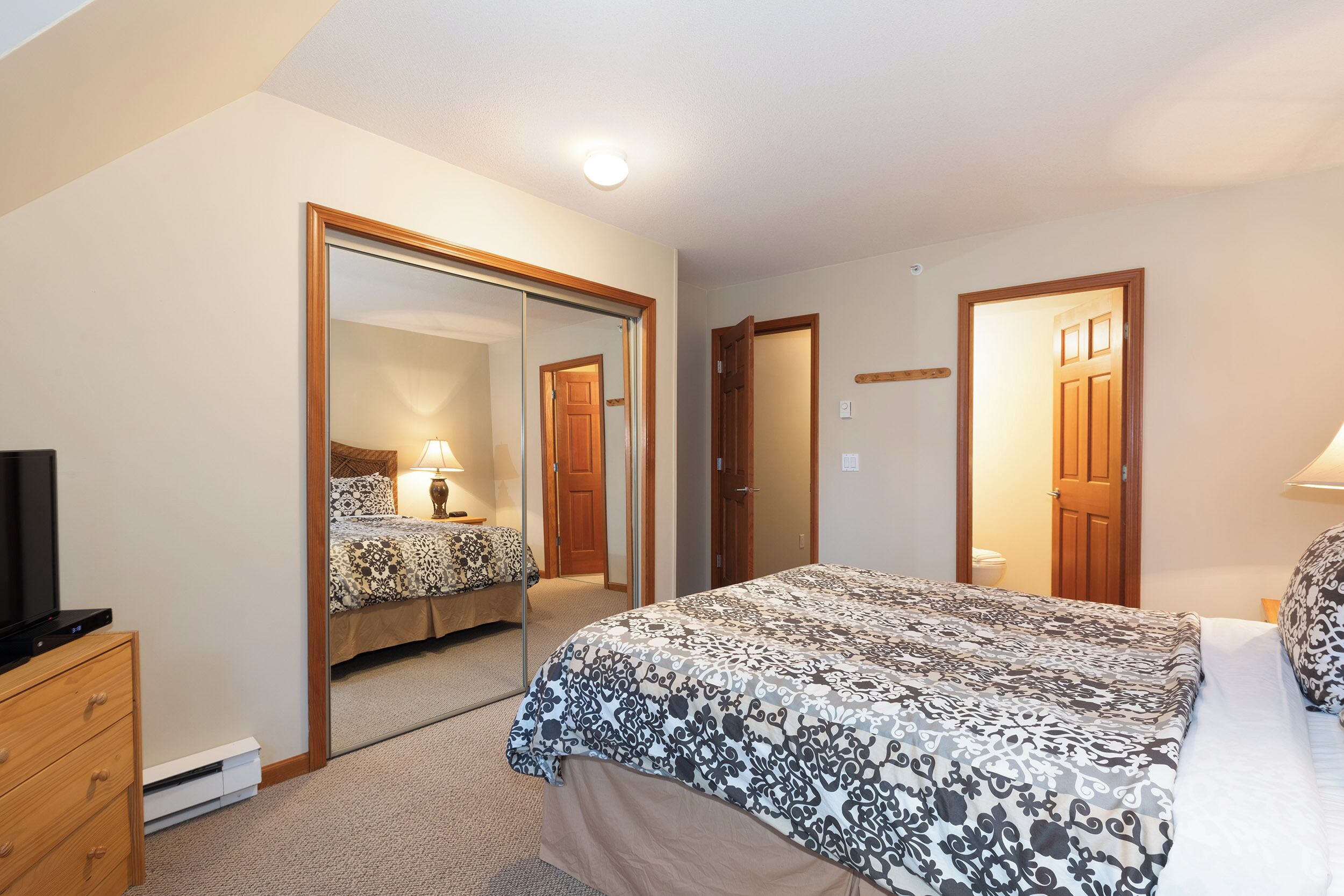 A bedroom with a bed, a TV, a dresser, and a mirror.