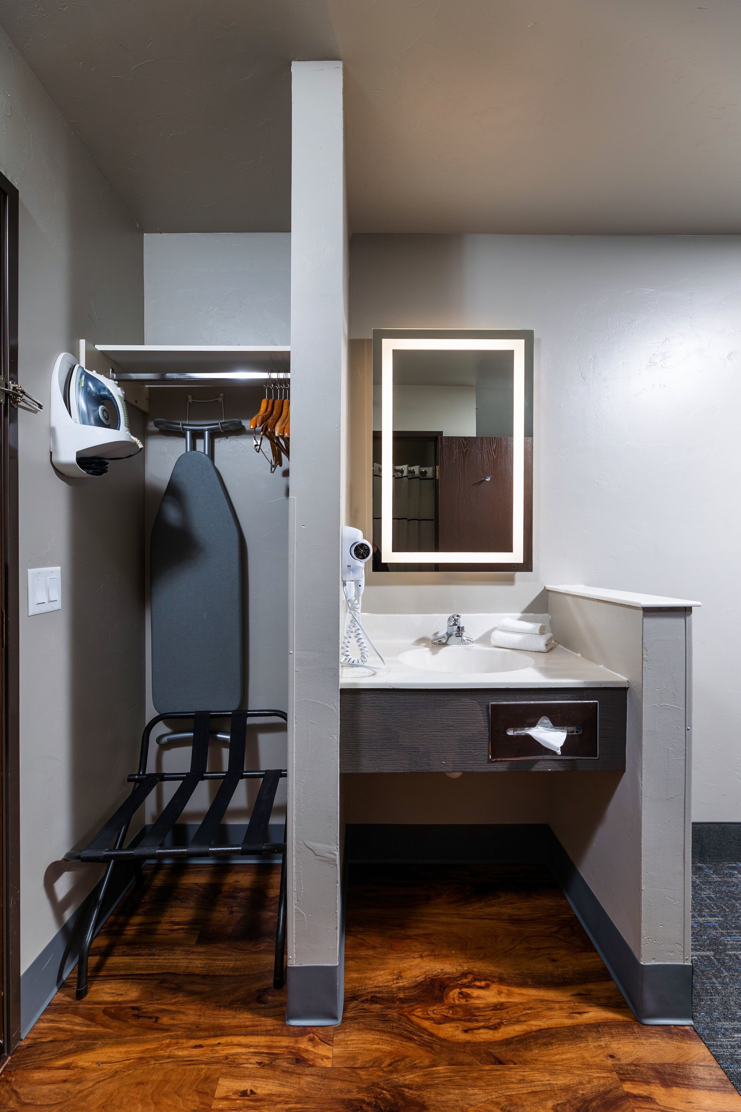 pillow-top beds, desk, blackout curtains, iron/ironing board