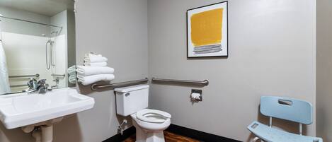 A bathroom with a sink, toilet, and a wheelchair-accessible bench.