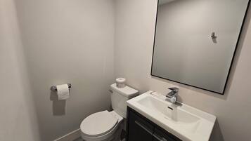 A modern bathroom with a toilet, sink, and mirror.