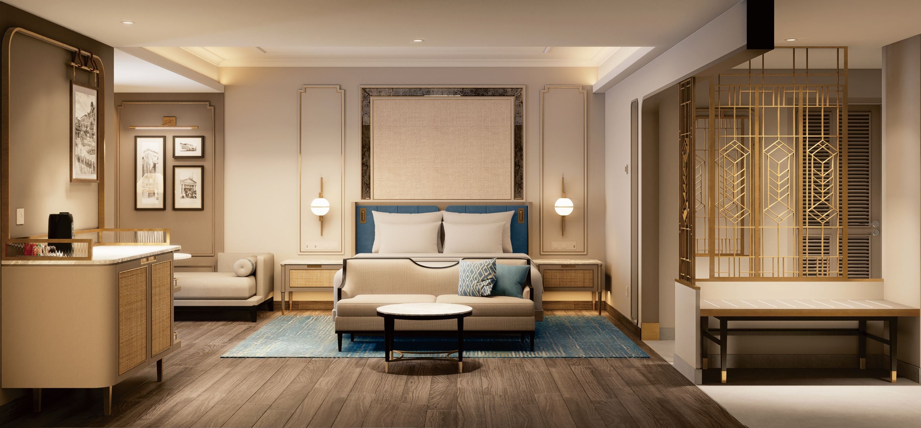 A modern hotel room with a bed, sofa, and a small table. There are wall-mounted lights and a large window.