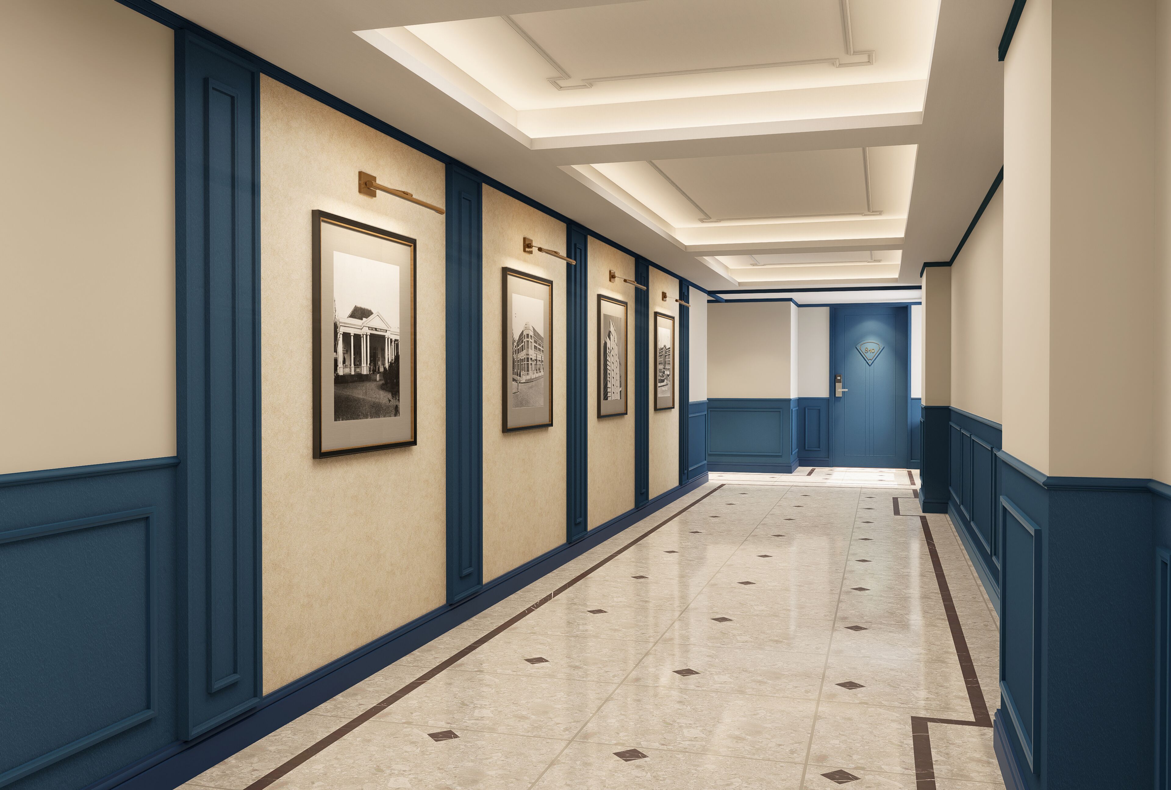 A hotel corridor with framed pictures on the walls, a tiled floor, and a blue door at the end.