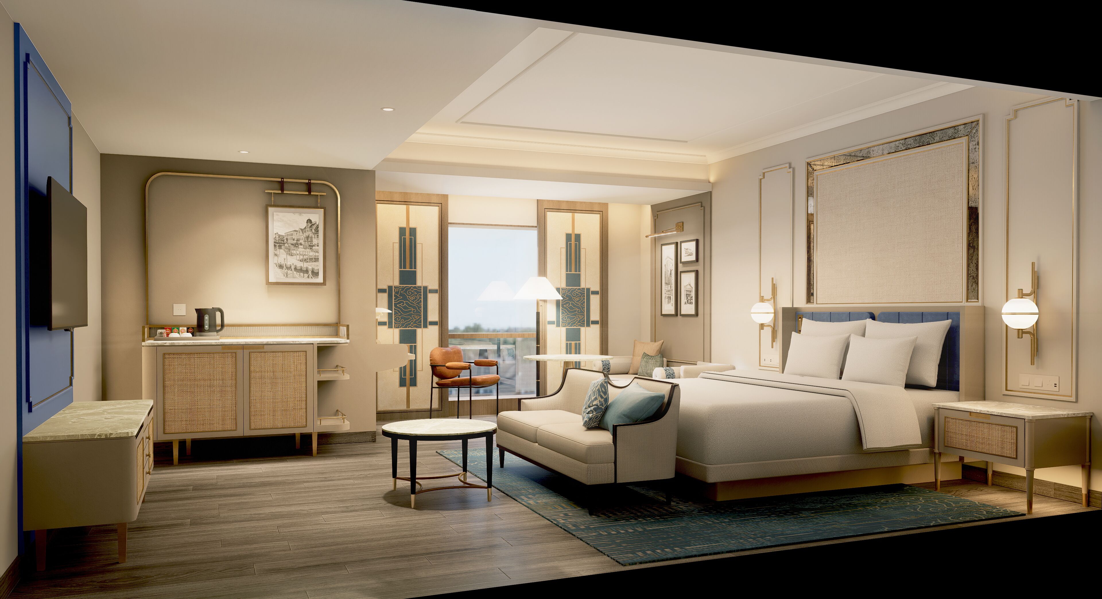 Quarto de hotel com uma cama, um sofá, uma mesinha, uma escrivaninha e vista para o exterior.