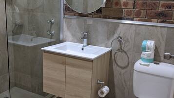 A bathroom with a shower, sink, toilet, and a mirror.