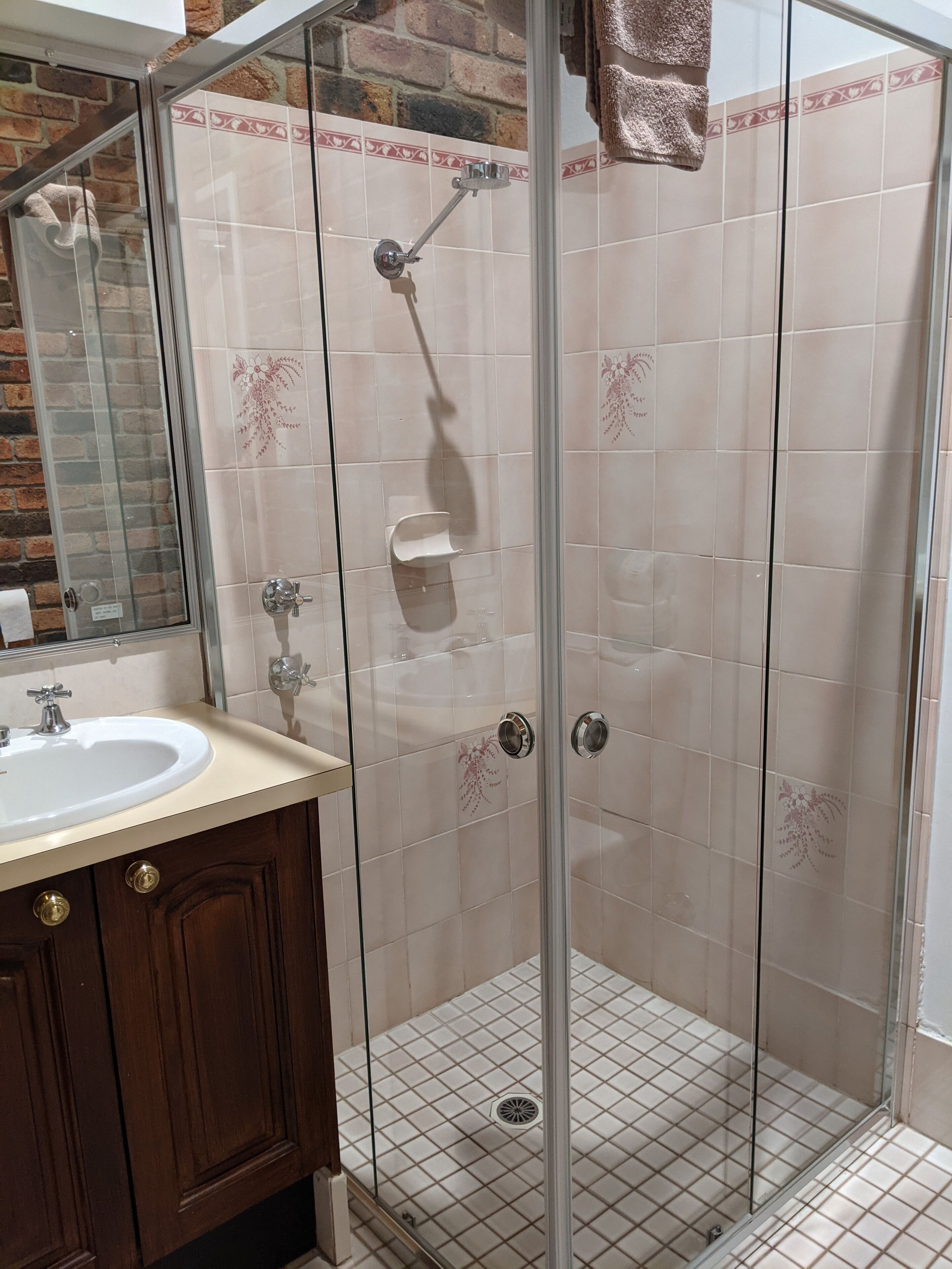 A bathroom with a glass-enclosed shower, a sink, and a mirror.