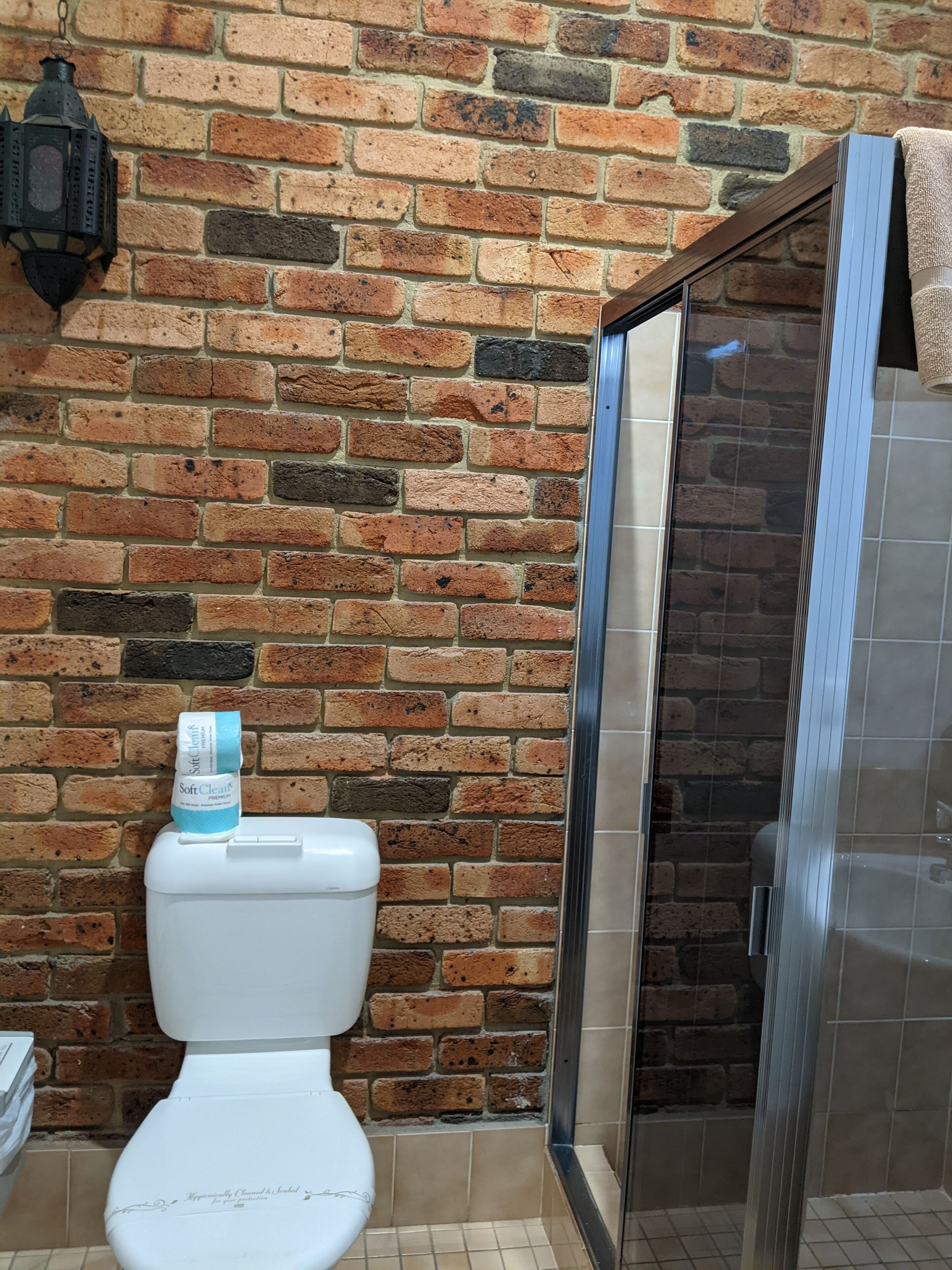 A bathroom with a white toilet, a brick wall, a glass shower enclosure, and a black lantern.
