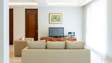40-inch flat-screen TV with satellite channels, plasma TV, DVD player