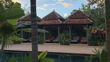 Outdoor pool, pool umbrellas, pool loungers