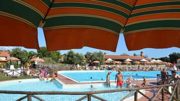 Outdoor pool, open 9:00 AM to 8:00 PM, pool umbrellas, sun loungers