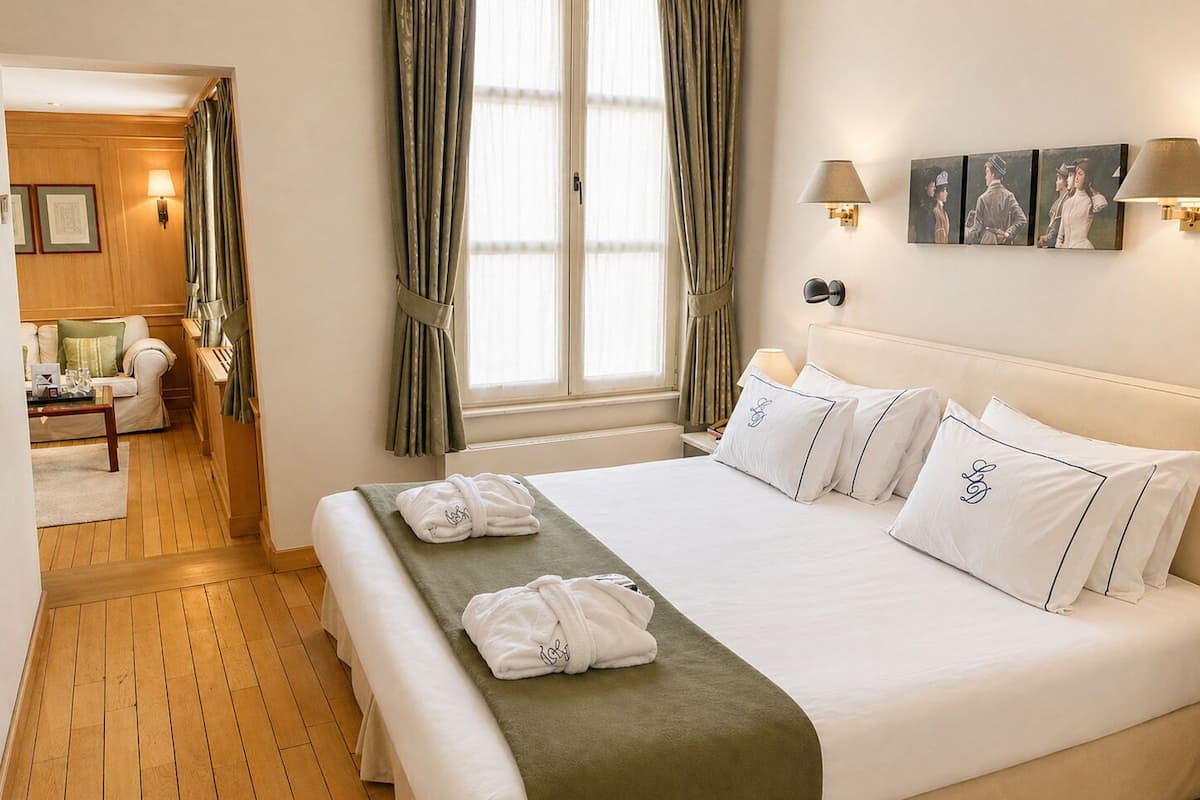 A hotel room with a large bed, a sitting area with a sofa and armchair, a window with curtains, and wall-mounted artwork.
