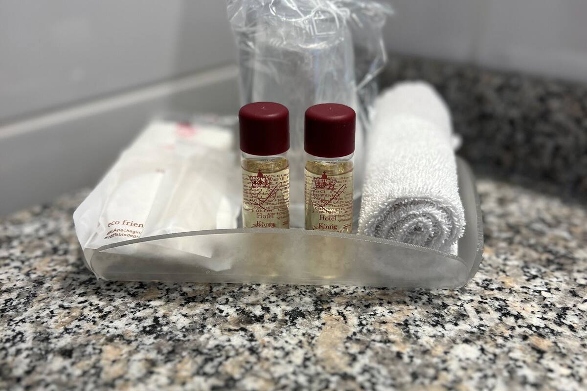 free toiletries, hair dryer, towels