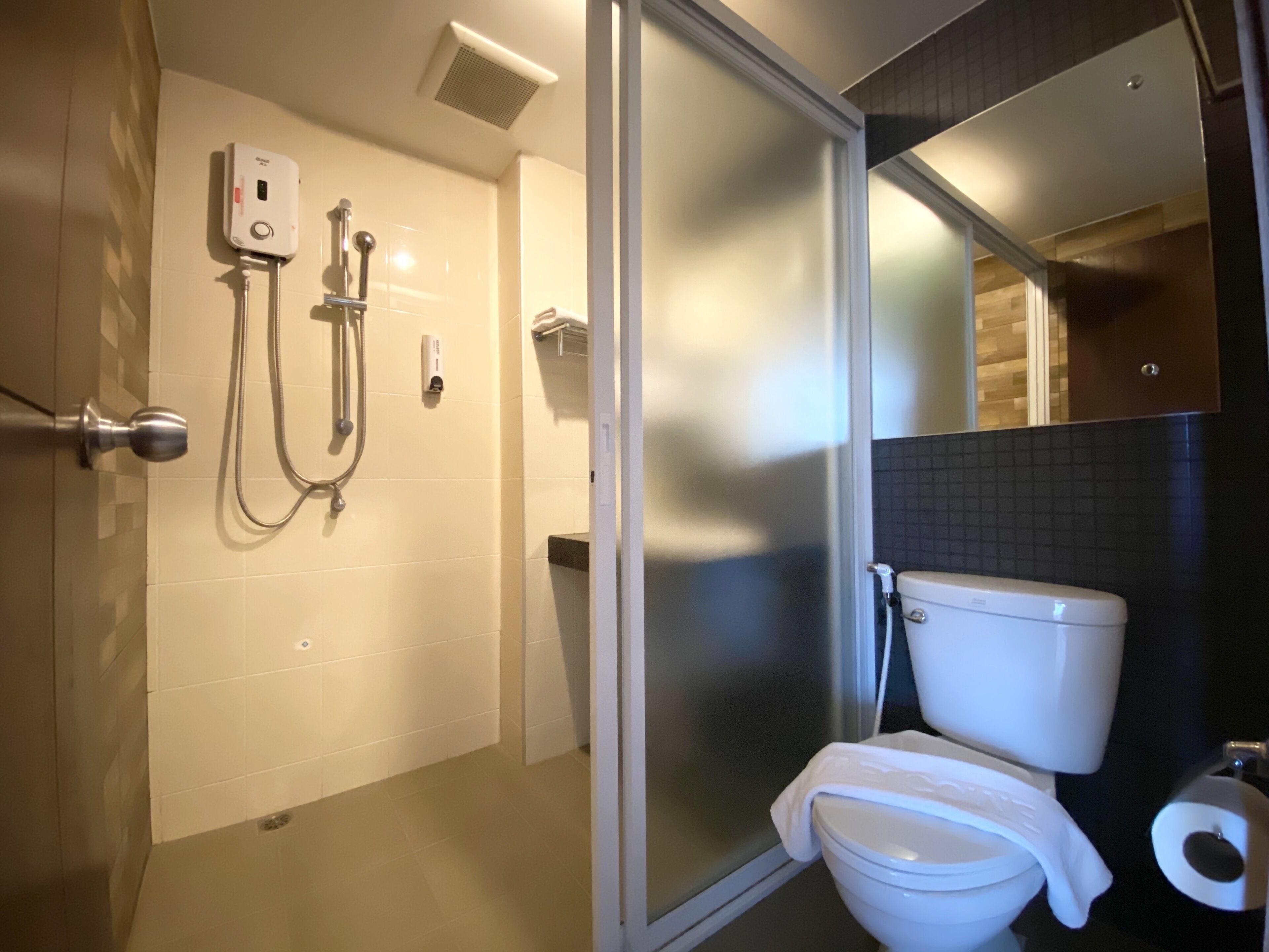 deluxe double room | bathroom | shower, free toiletries, hair dryer, towels