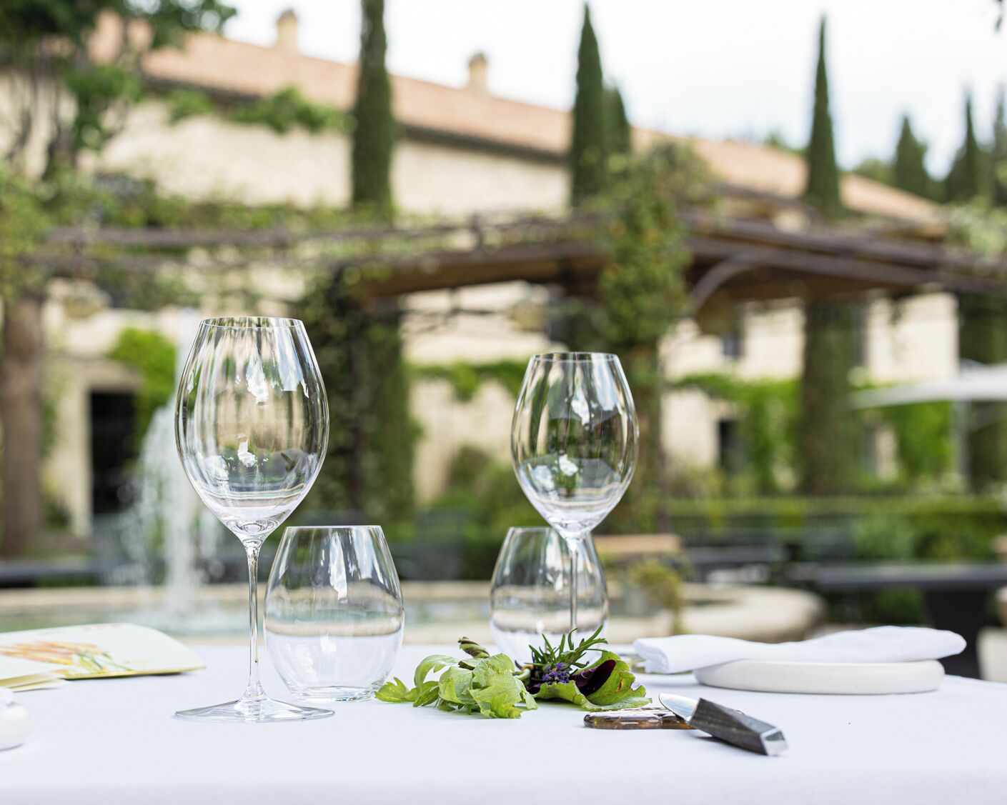 A table set for dining with two wine glasses, a knife, and some greens, with a building and trees in the background.
