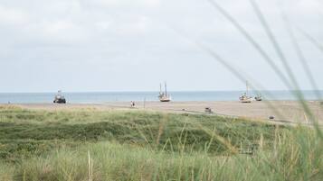 Una playa con barcos y un vehículo en la arena.
