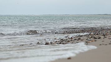 Una playa con piedras y olas.