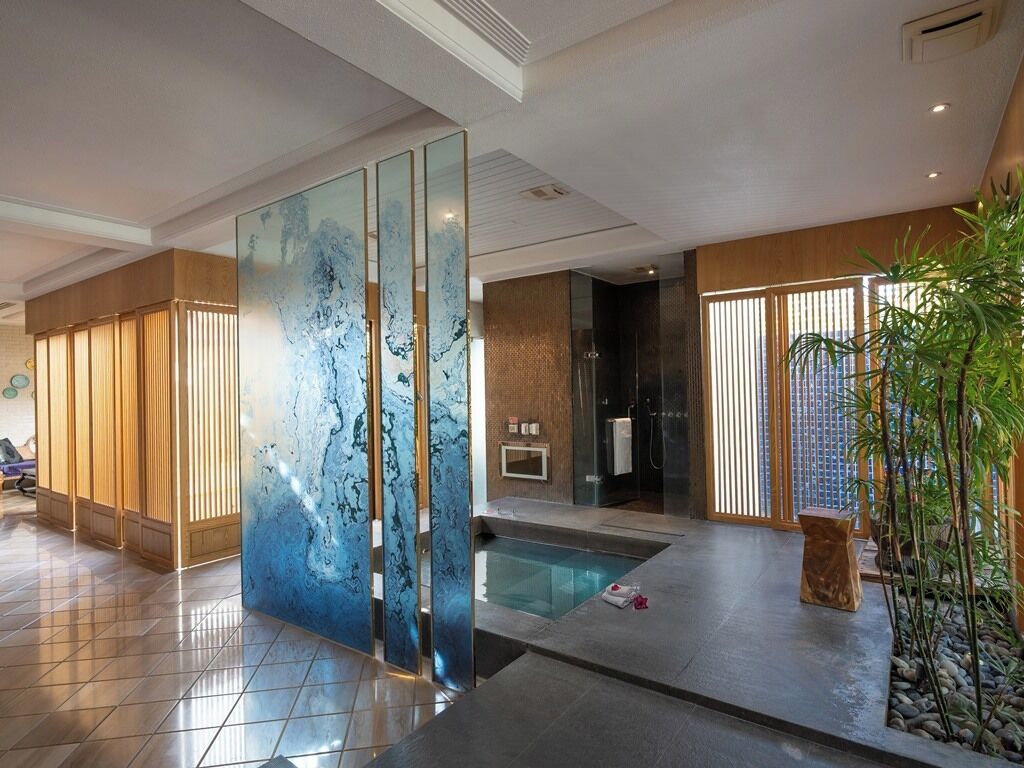 A modern spa area with a glass partition, a small pool, and a reception desk.