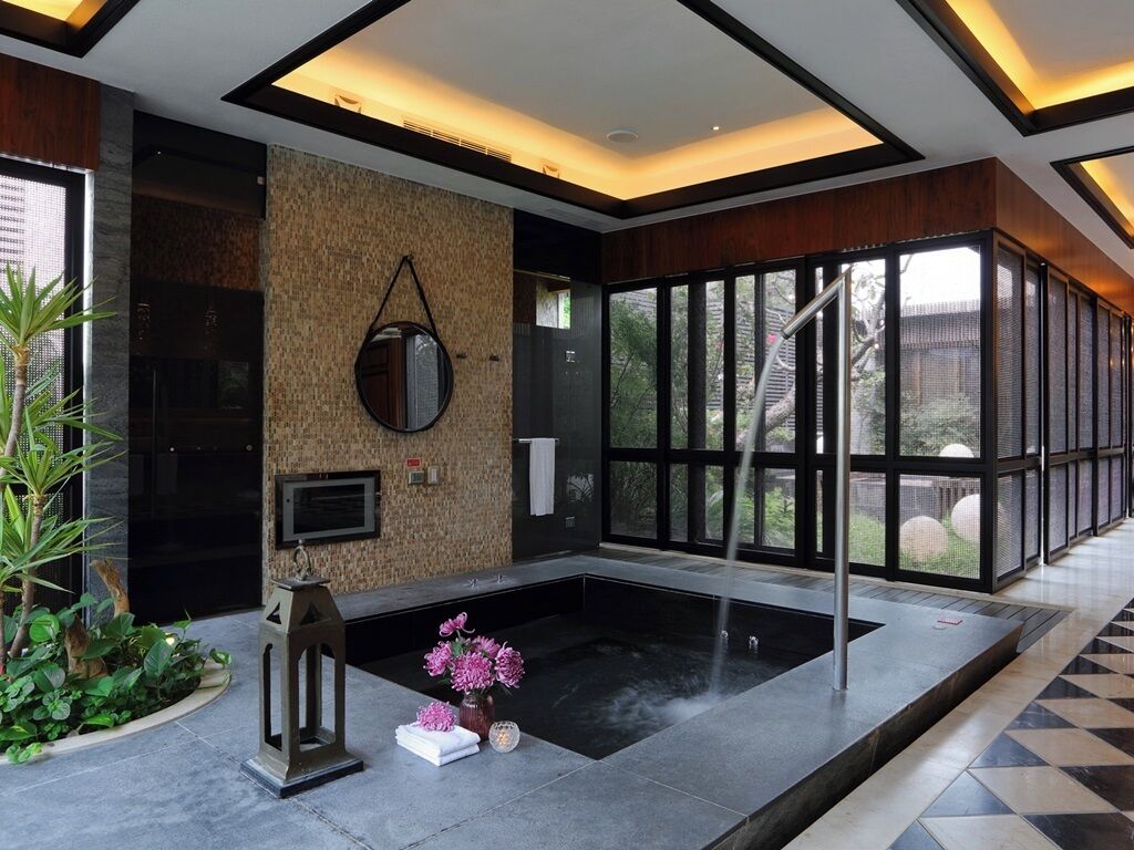 A modern spa area with a hot tub, a mirror, and a potted plant.