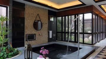 A modern spa area with a hot tub, a mirror, and a potted plant.