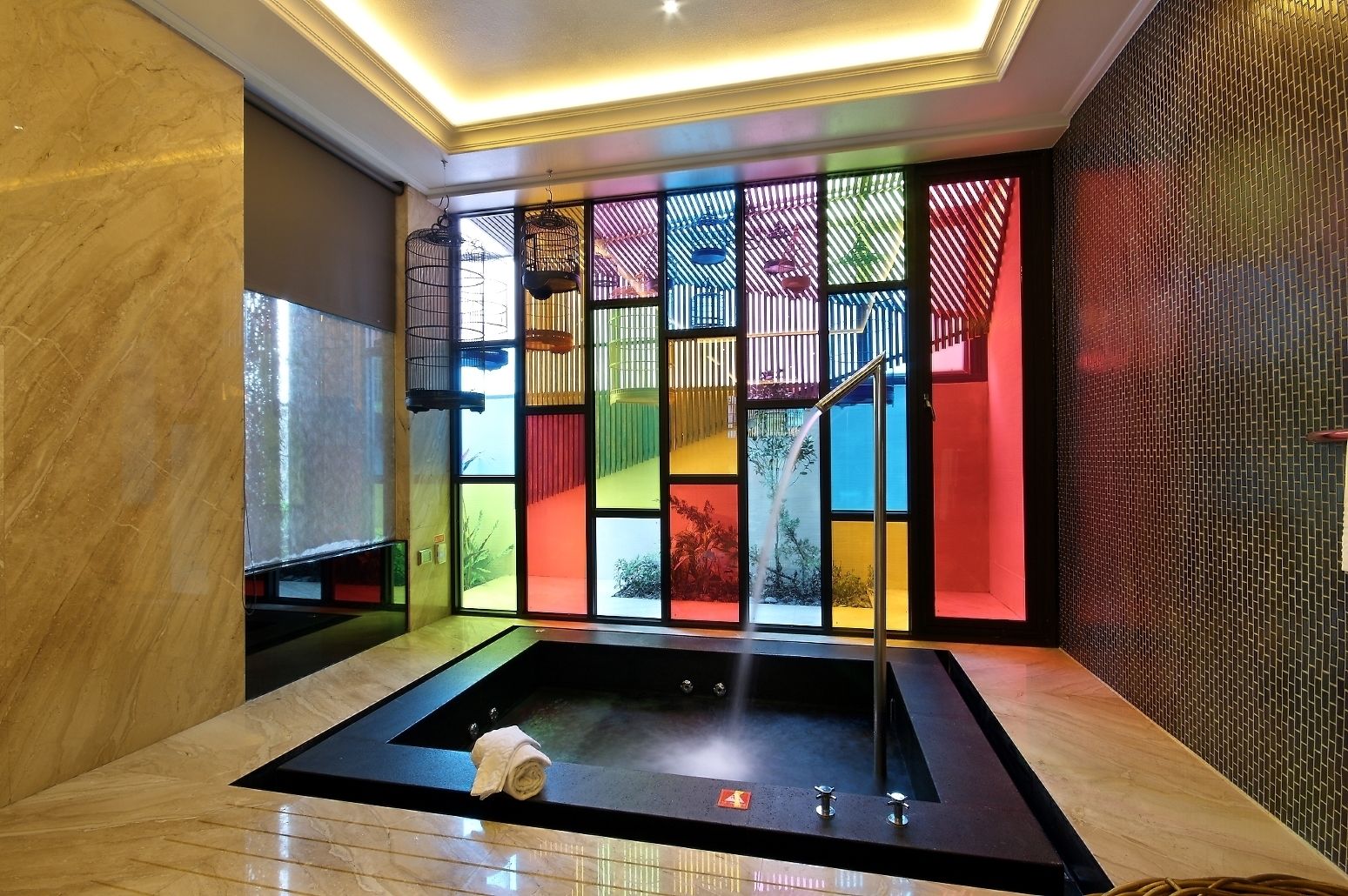 separate bathtub and shower, jetted bath, rainfall showerhead