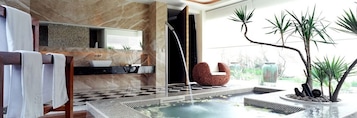 Separate tub and shower, jetted tub, rainfall showerhead