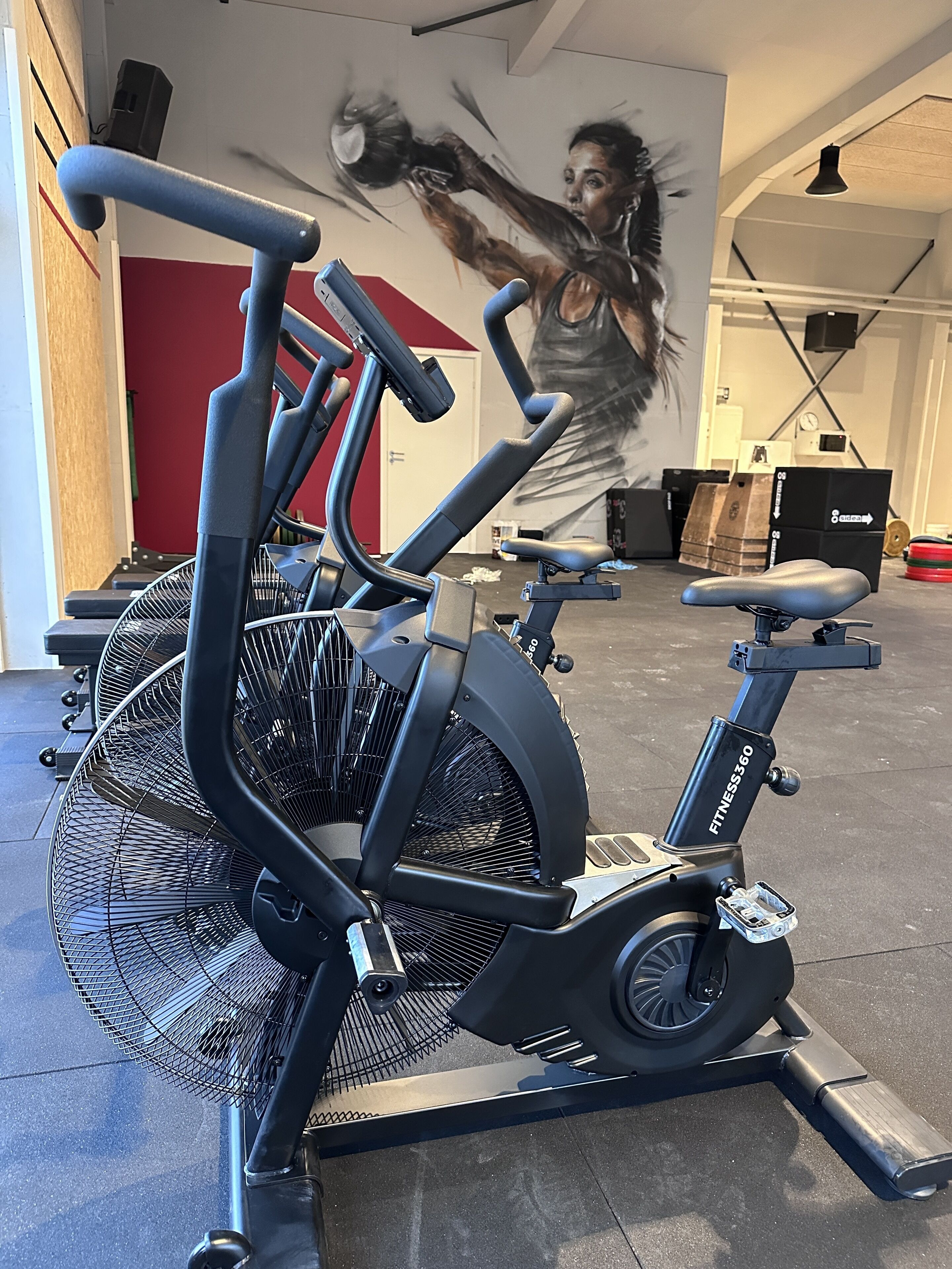 A stationary bike in a gym with a red wall and a large painting in the background.