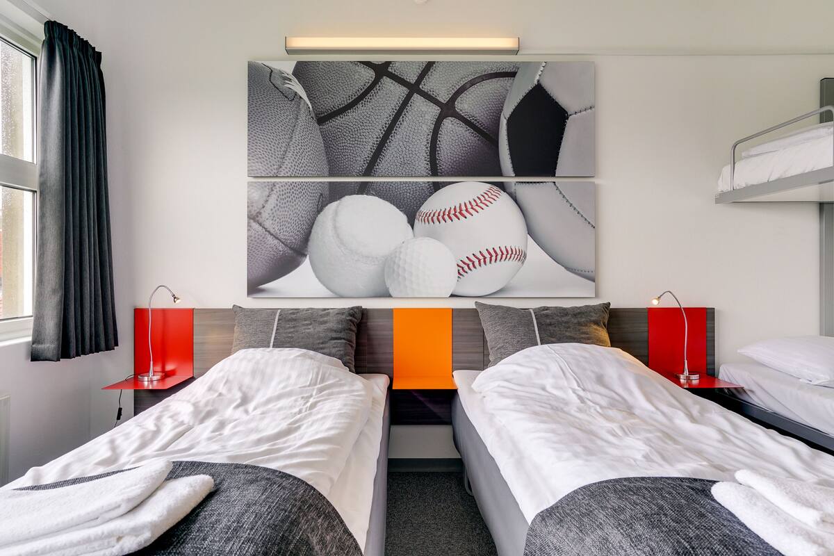 hypo-allergenic bedding, desk, blackout curtains, soundproofing