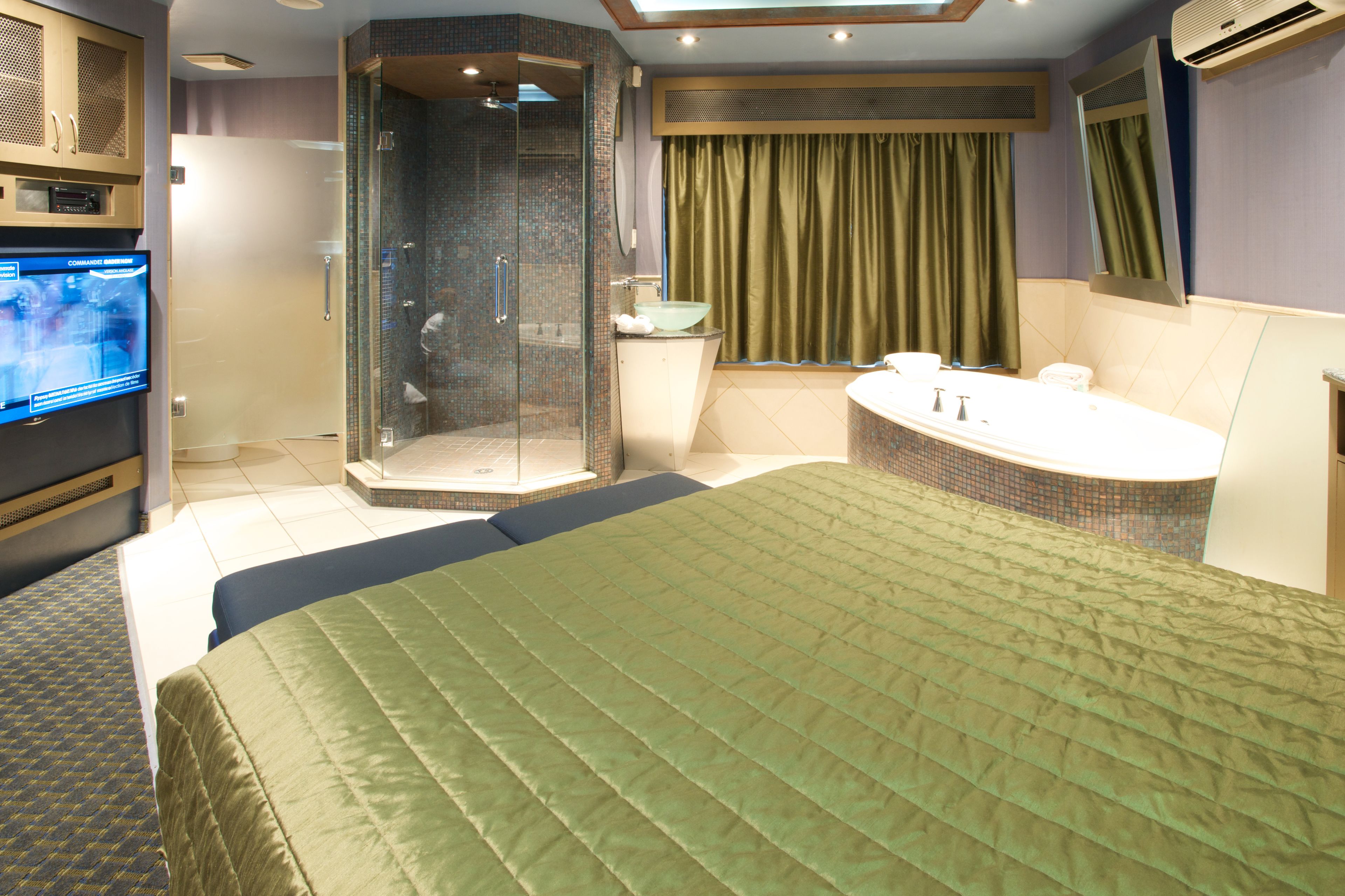 Habitación de hotel con una cama grande, ducha a ras de suelo, bañera y televisión en una esquina.