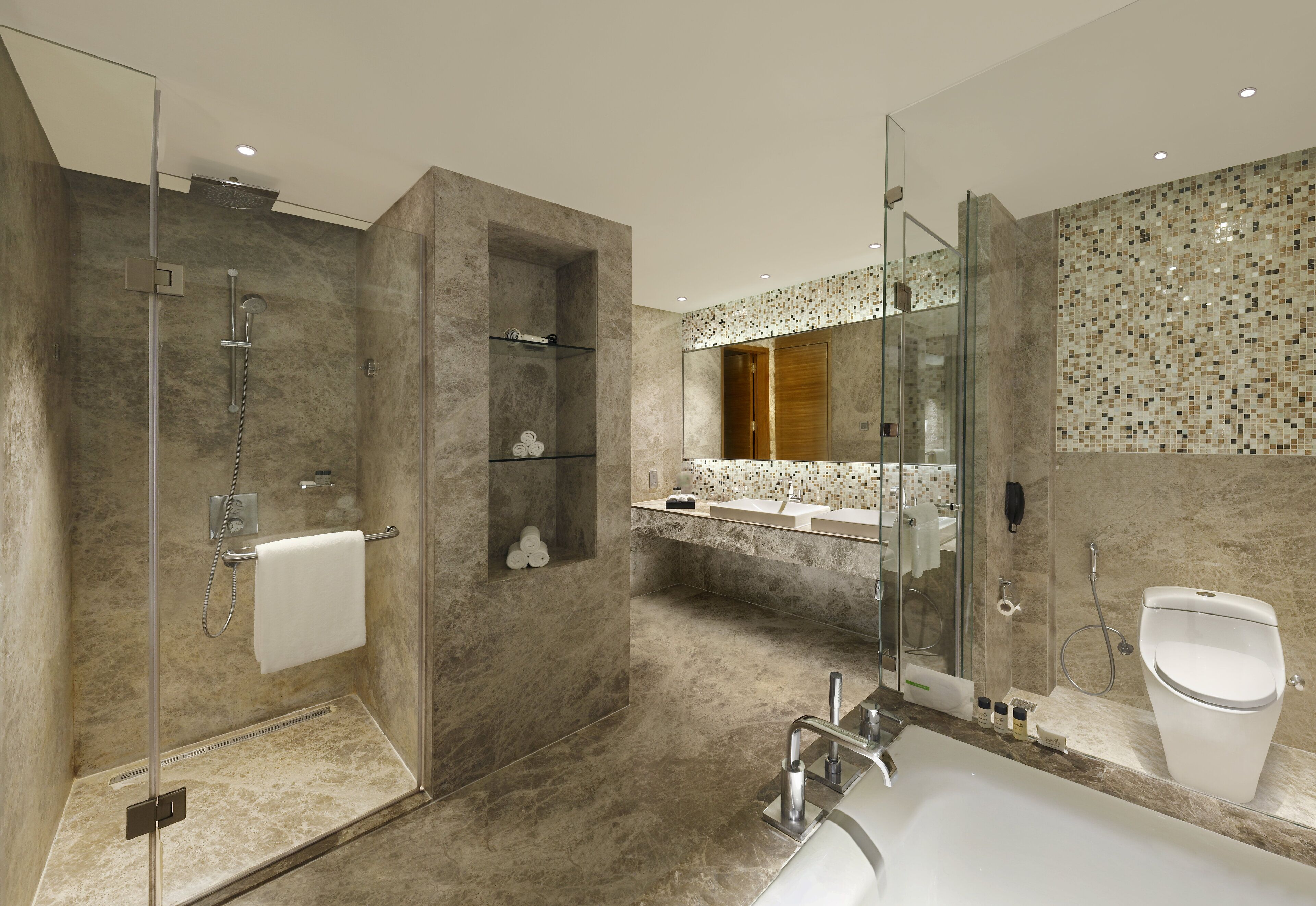 shower, designer toiletries, hair dryer, bathrobes