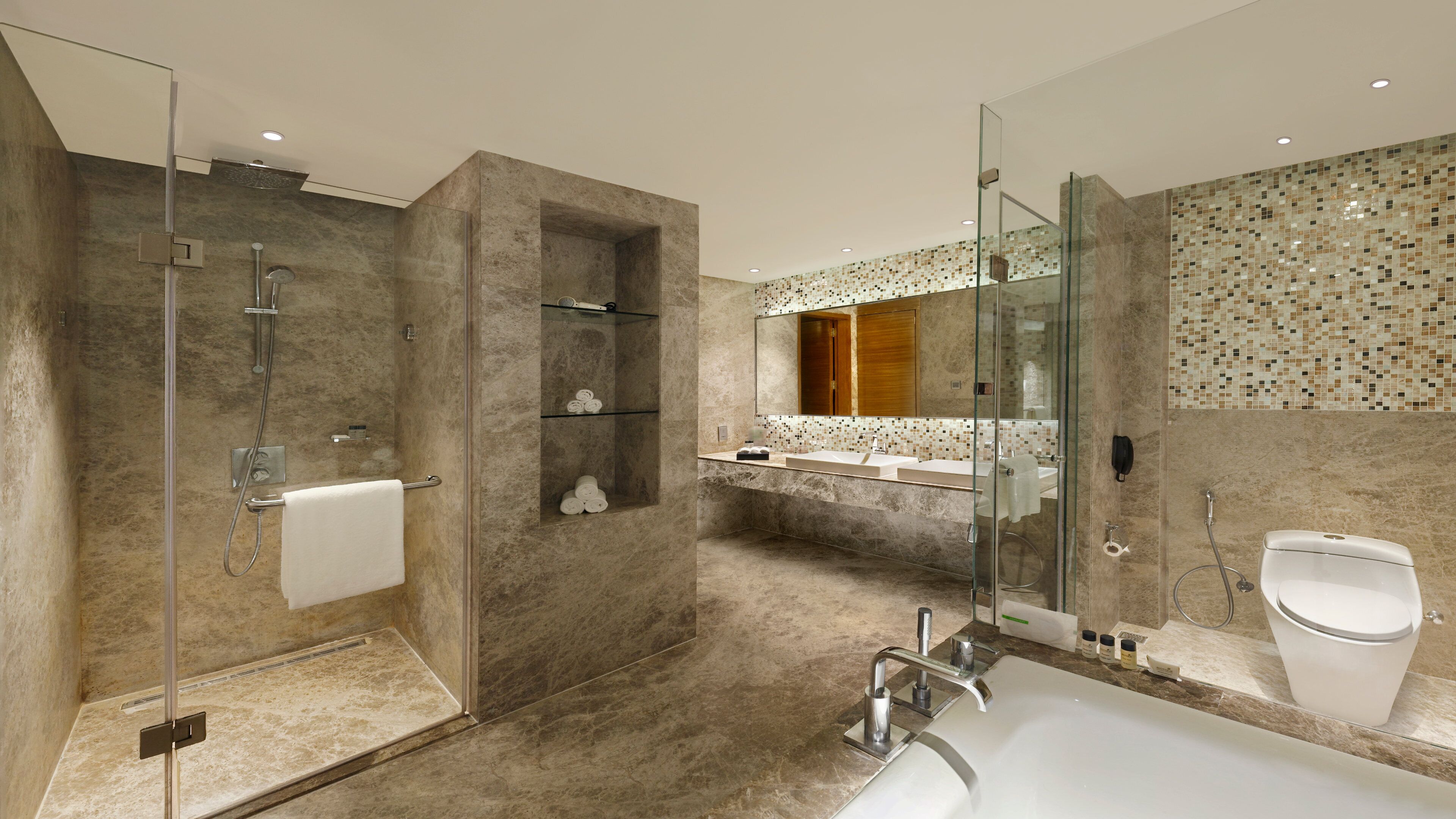 A modern bathroom with a glass-enclosed shower, a large sink, and a toilet.