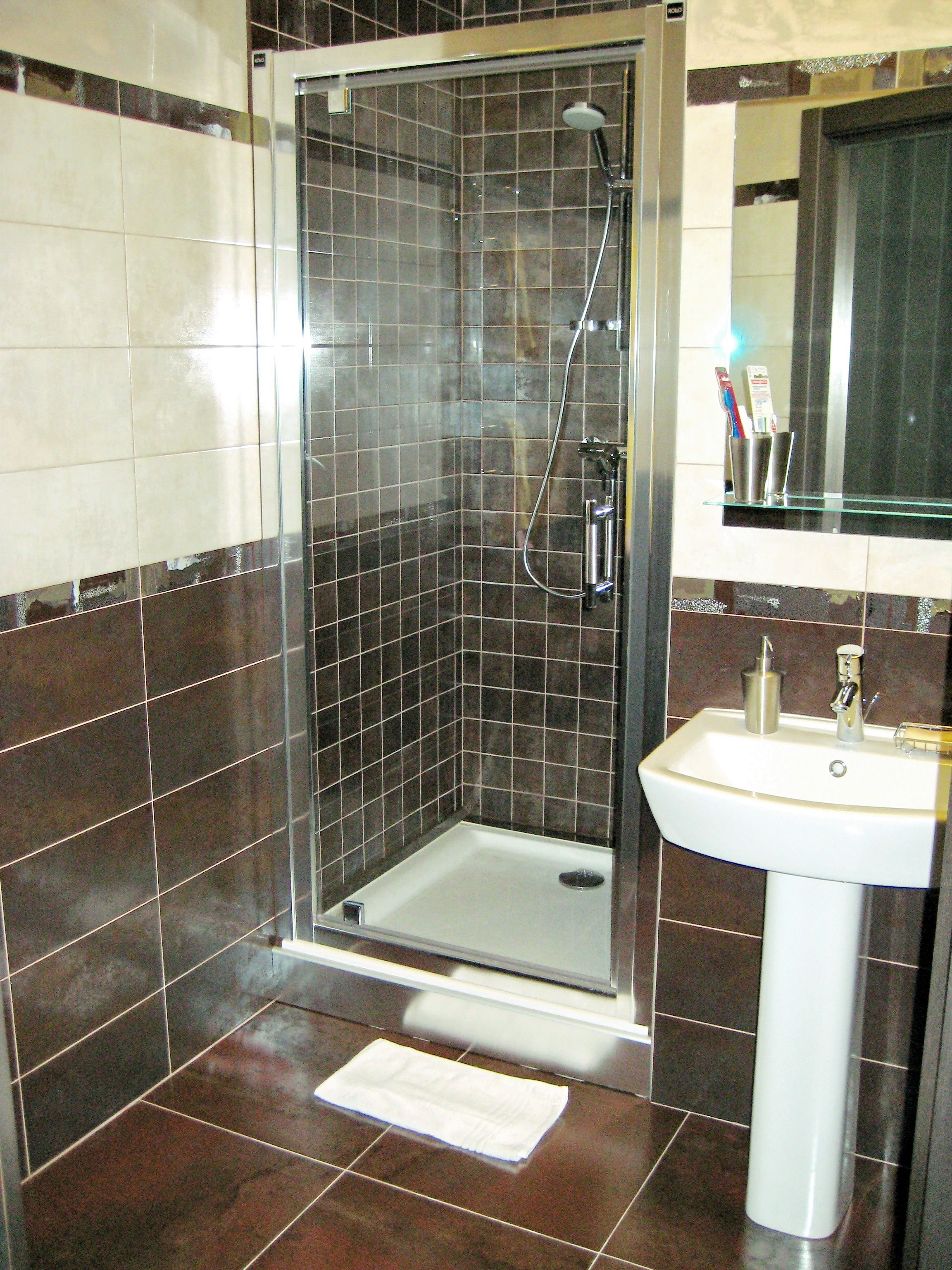 Une salle de bain avec une douche à parois de verre, un lavabo et un miroir au-dessus.