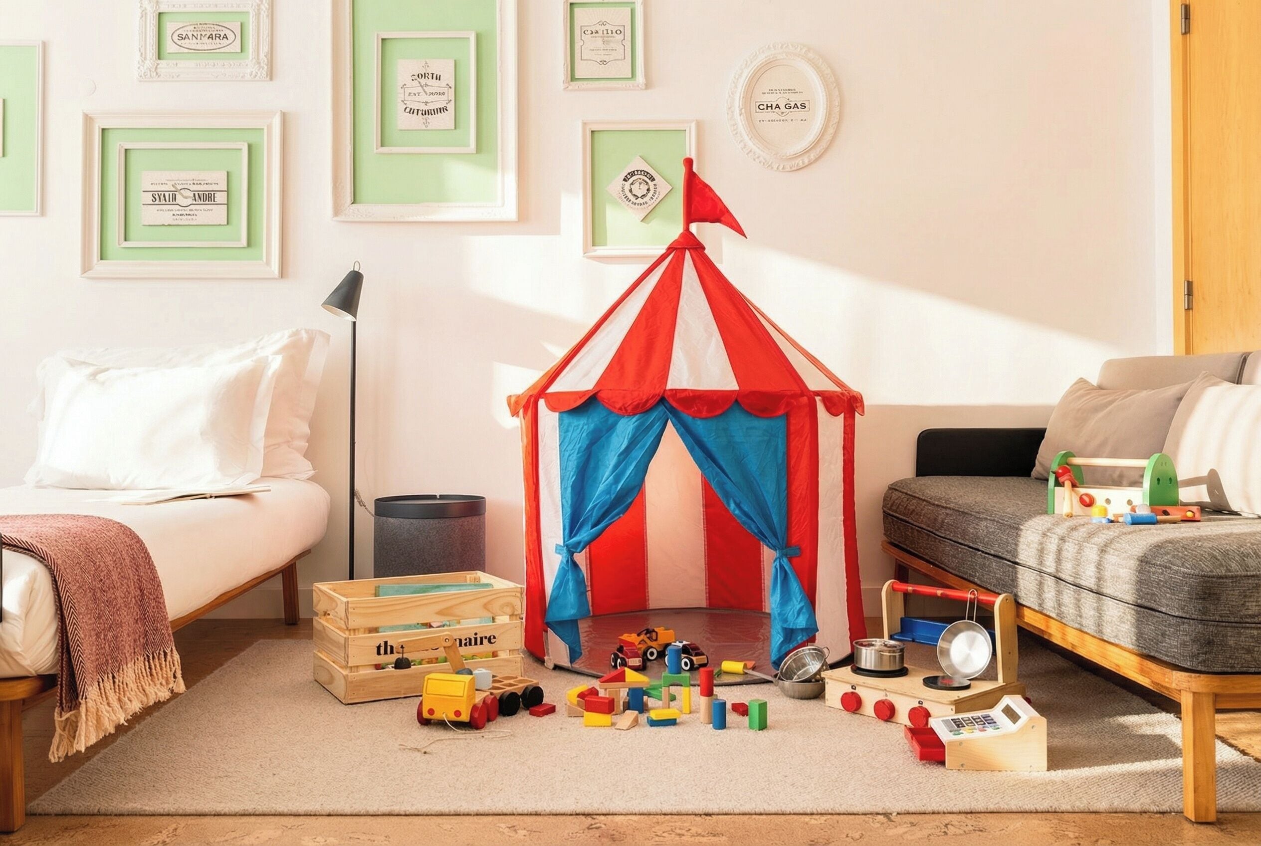 Zona de juegos infantiles con una pequeña tienda de campaña, juguetes y cuadros en la pared.