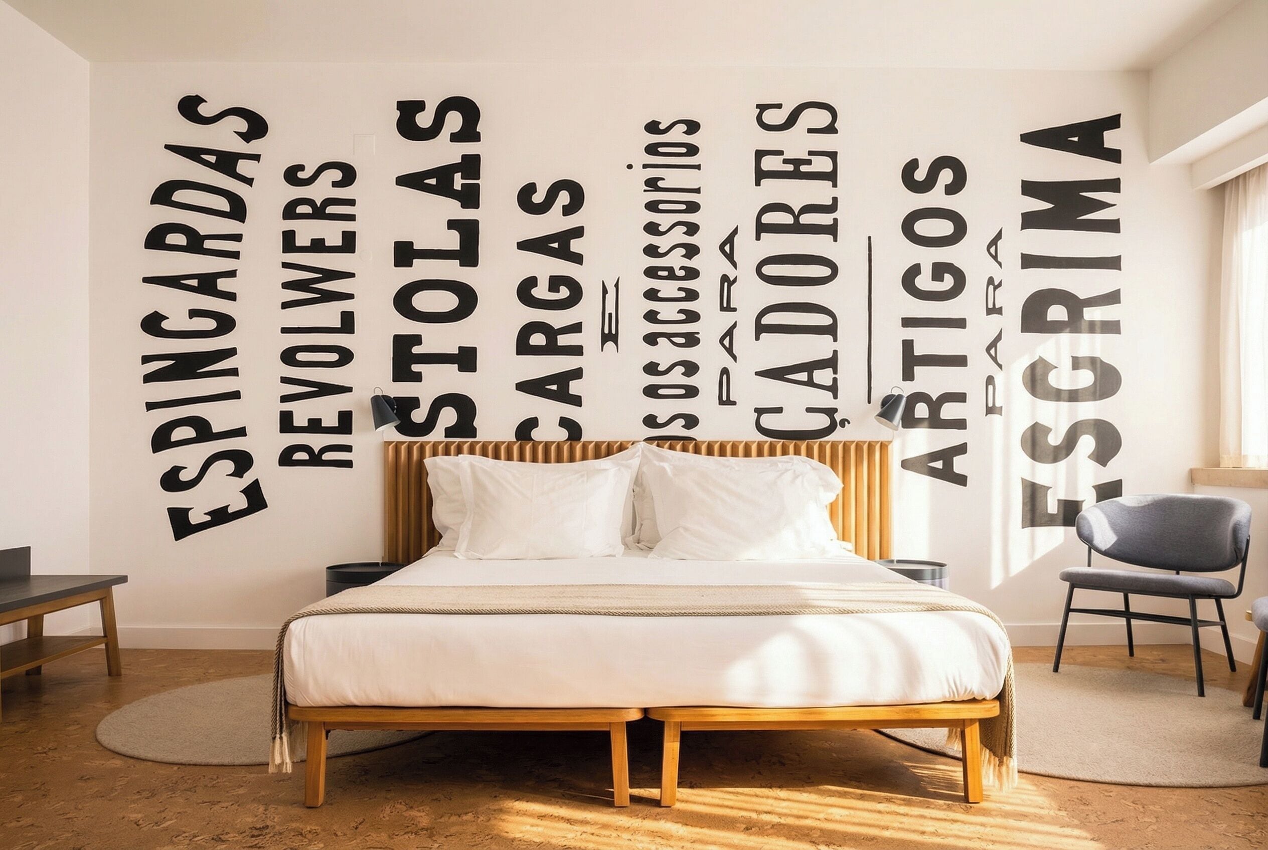 Une chambre à coucher avec un lit, une chaise et un mur orné d’un grand texte.