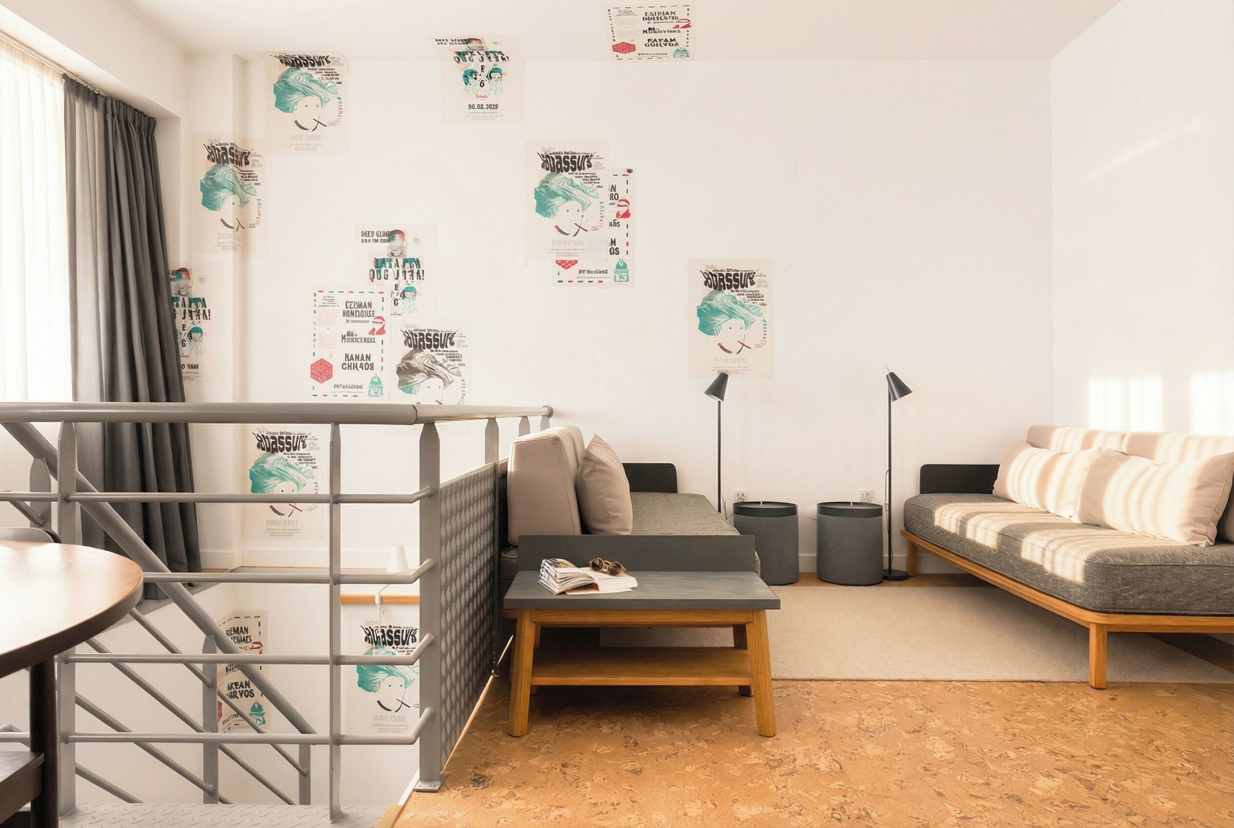 Een moderne woonkamer met een bank, een kleine tafel en een trap.