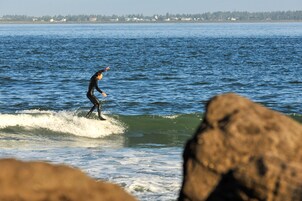 Una persona surfeando una ola cerca de una costa rocosa.
