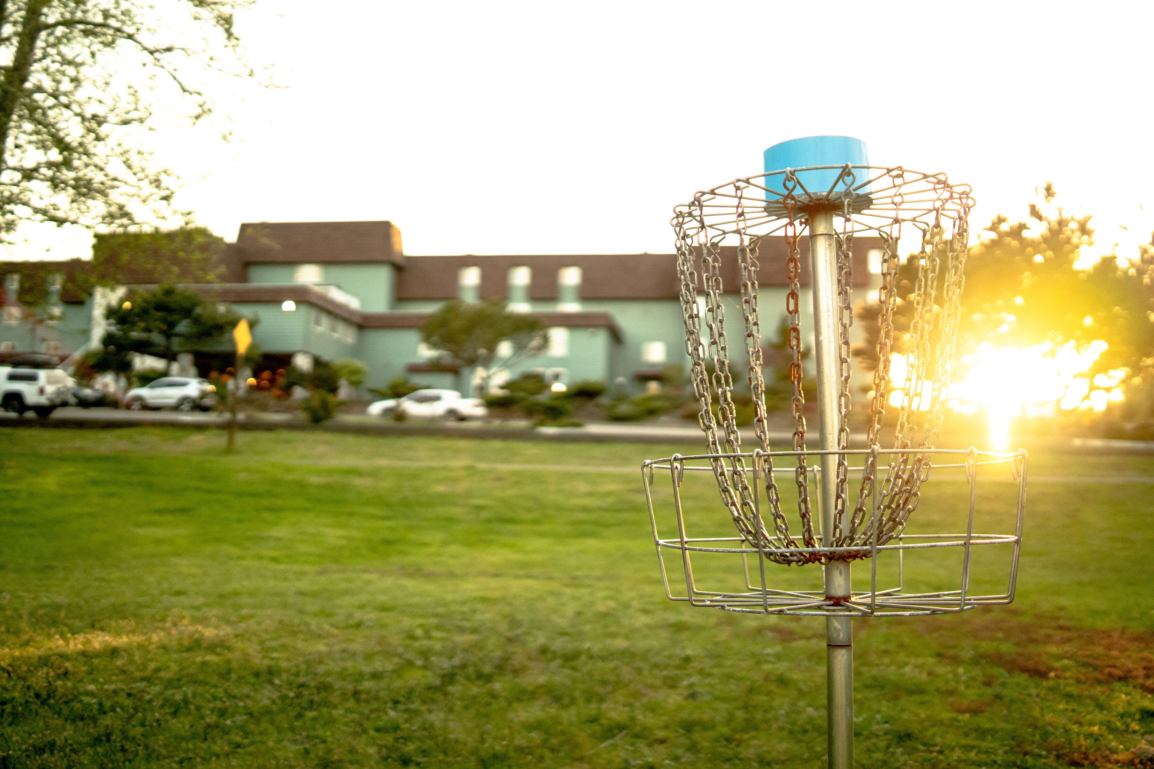 Un cesto de disc golf en un parque, con un edificio al fondo.