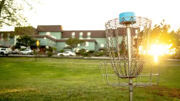 Un panier de disc golf dans un parc, avec un bâtiment en arrière-plan.
