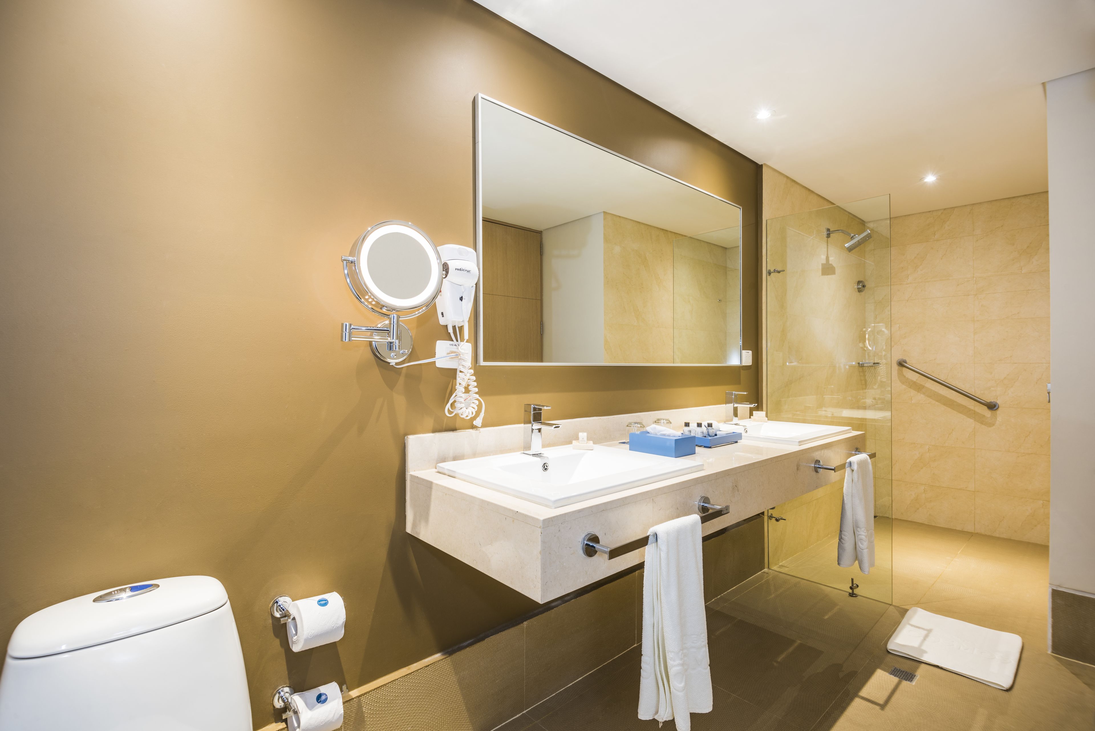 shower, designer toiletries, hair dryer, bathrobes