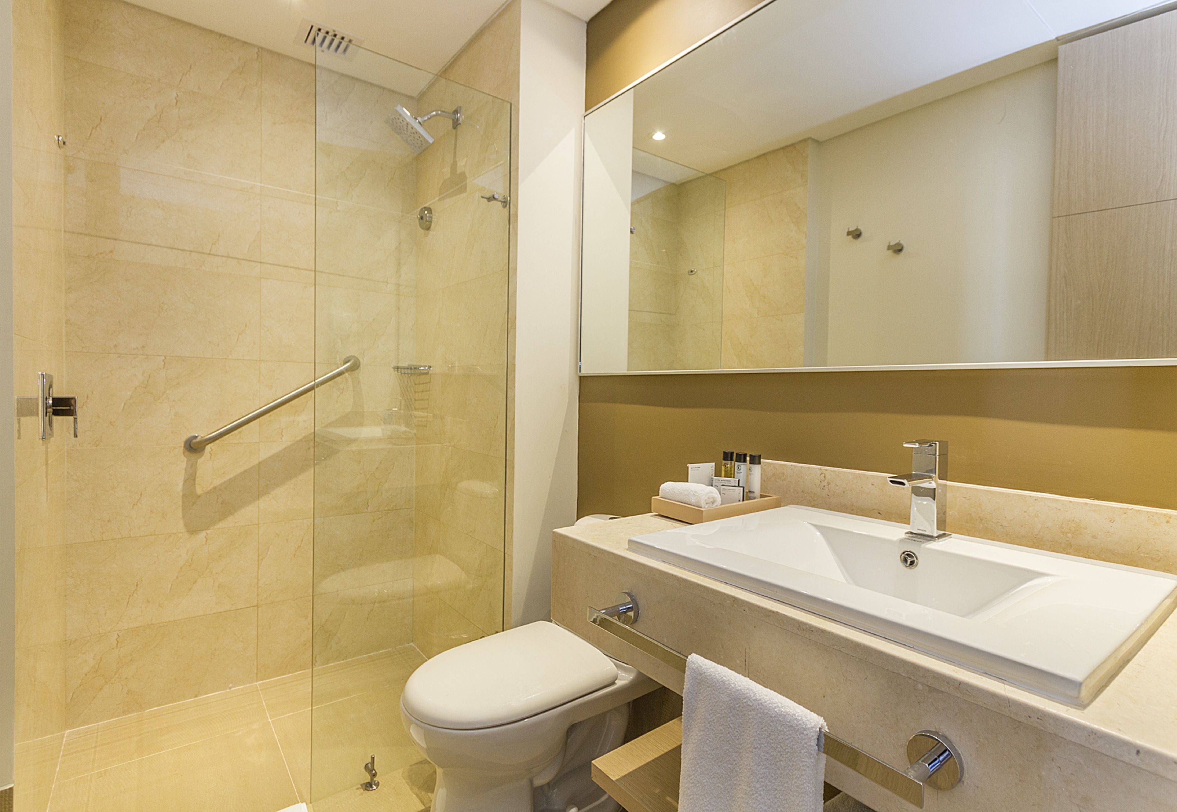 shower, designer toiletries, hair dryer, bathrobes