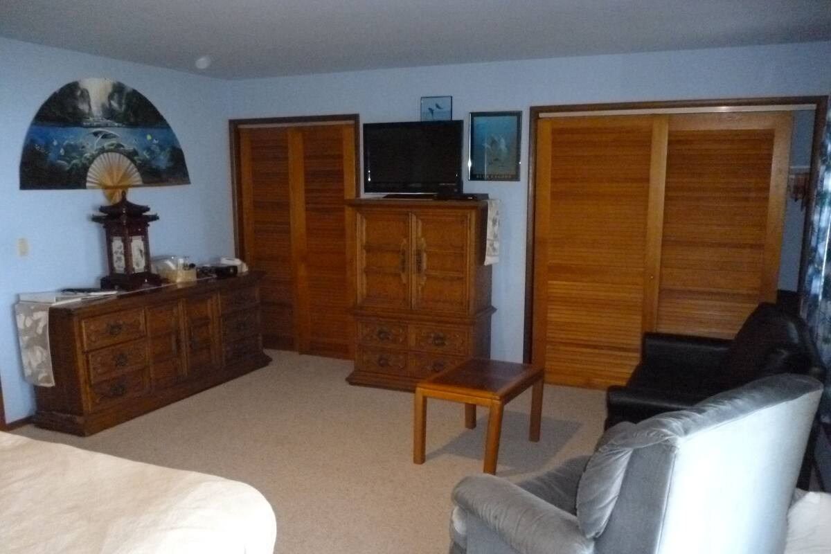 Una habitación con una cama, un sillón gris, un armario de madera, un televisor y un guardarropa.