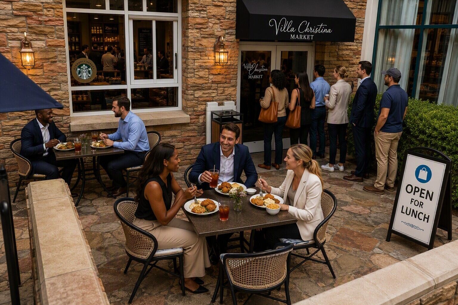 An outdoor dining area with stone walls, wicker chairs, and tables.