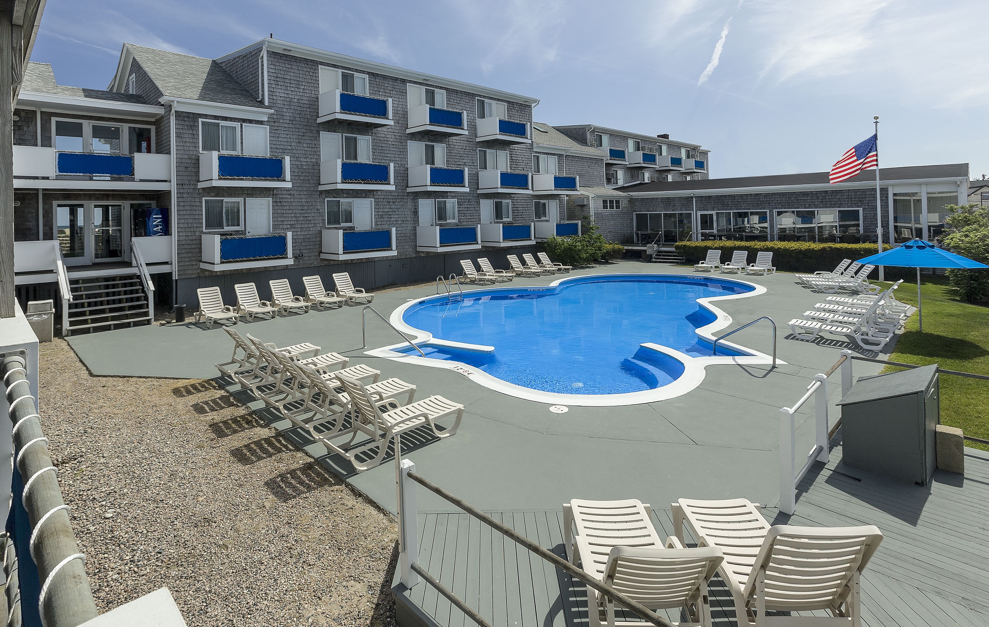 Outdoor pool, a heated pool, pool loungers